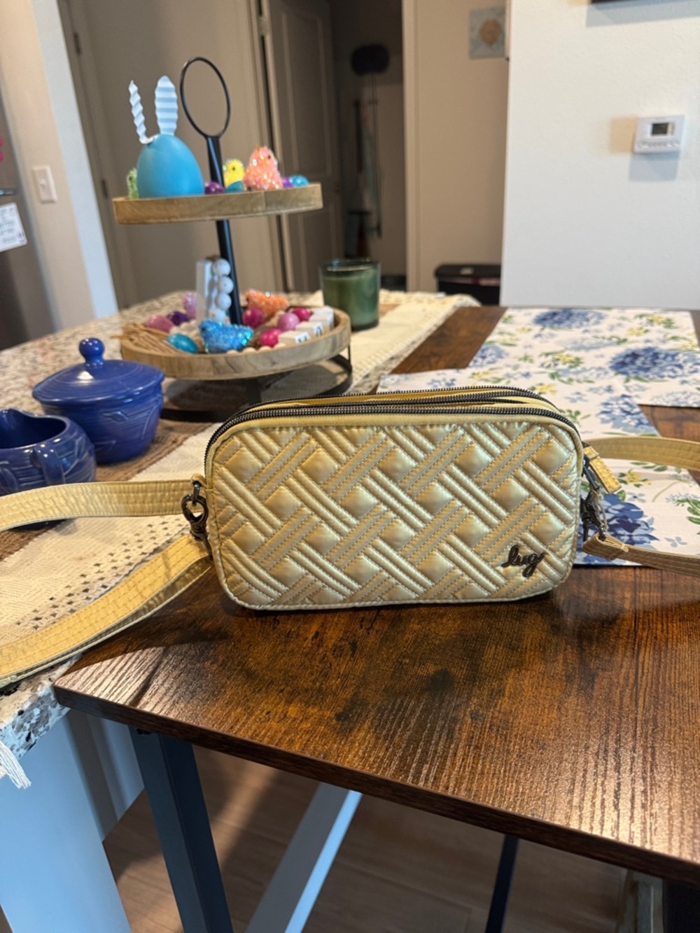 lug Quilted Metallic Gold Crossbody Camera Bag